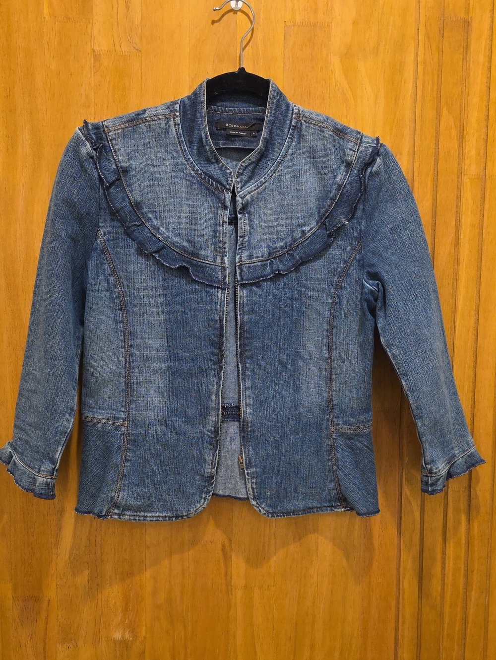 BCBGMaxAzria Medium Blue Denim Jacket with Ruffled Yoke